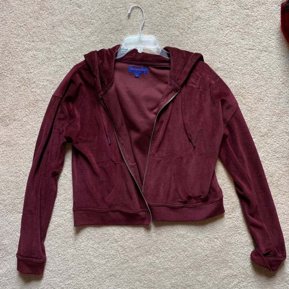 maroon velvet cropped jacket with hood